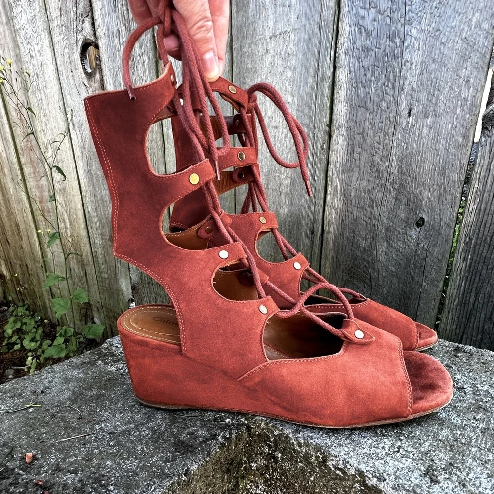 Chloé Foster Cinnamon Suede Gladiator Wedge Sandal 37 - Picture 3 of 13